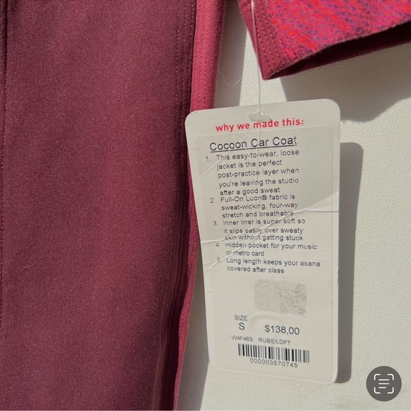 Nwt Lululemon Berry Cocoon Car Berry Coat Size small new 4 6 - Picture 6 of 6